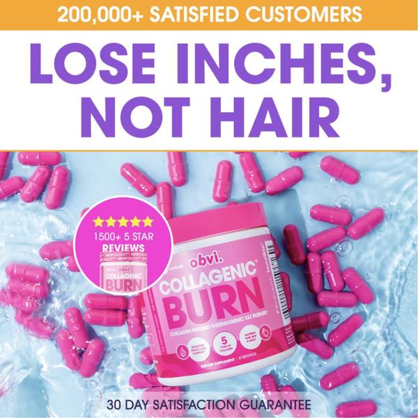 A 1:1 format ad creative using a high-contrast 'Lose Inches, Not Hair' bold claim with social proof badges to drive consumer trust.